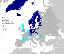 Approximations of the Reformation & the Counter-Reformation at the commonly-used end year of 1648, superimposed on modern European borders. The Counterreformation.svg