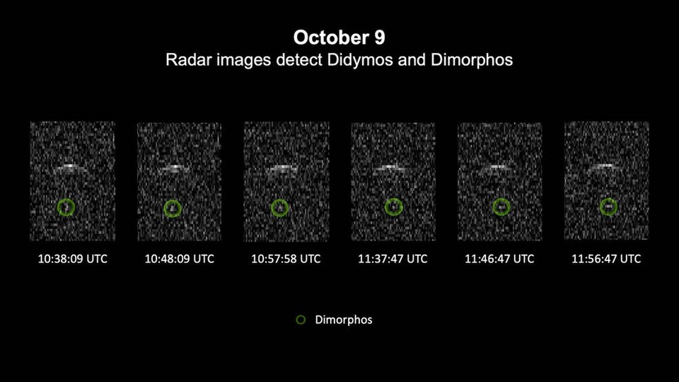 The images show a series of radar images captured at different times on Oct. 9, 2022, of the Didymos and Dimorphos binary asteroid system obtained from radar facilities at NASA JPL