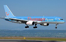 A Thomsonfly Boeing 757-200 landing at Bristol Airport, England (2007) Thomsonfly b757-200 g-byap arp.jpg