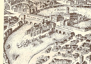 An illustration of the Tiber Island in a 1593 print. Tiber Island.jpg