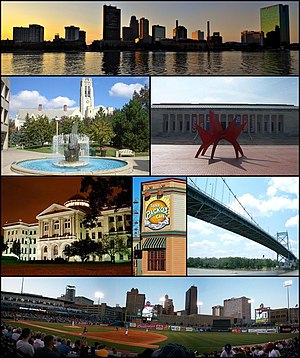 Görüntüler, sol üstten sağa: Toledo Şehir Merkezi, Üniversite Salonu, Toledo Sanat Müzesi, Lucas County Adliye Sarayı, Tony Packo's Cafe, Anthony Wayne Köprüsü, Beşinci Üçüncü Alan