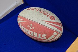 A Hull KR Foundation rugby ball placed on a chair within the Community Hub at Sewell Group Craven Park, Kingston upon Hull.
