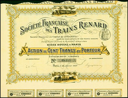 Bearer share certificate. Société Francaise des Trains Renard SA, issued 29 January 1907