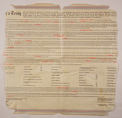 Presentation copy of the original Treaty 4. Printed on parchment. -- Text in black and red; blue and red border. Sourced from the Bruce Peel Special Collections at University of Alberta Library. Treatyno4.jpg