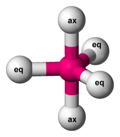 Trigonal bipyramidal molecular shape
ax = axial ligands (on unique axis)
eq = equatorial ligand (in plane perpendicular to unique axis) Trigonal-bipyramidal-3D-balls-ax-eq.png