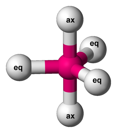 Trigonal bipyramidal molecular shape
ax = axial ligand (on unique axis)
eq = equatorial ligand (in plane perpendicular to unique axis) Trigonal-bipyramidal-3D-balls-ax-eq.png