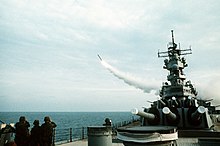 Wisconsin launched a BGM-109 Tomahawk missile during Operation Desert Storm USS Wisconsin (BB-64) launching Tomahawk.jpg