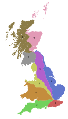 The numbering zones for A-roads in Great Britain United Kingdom A road zones.svg