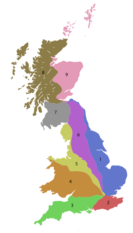 The numbering zones for roads in Great Britain