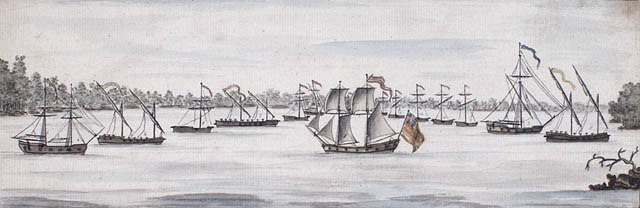 United States ships at the Battle of Valcour Island depicting several "row galleys" similar in function but based on very different designs from Medit