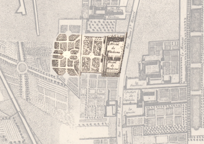 Espace choisi pour la place Louis-le-Grand en 1676, avant sa construction. Il est surtout occupé par l'hôtel de Vendôme, qui donnant informellement son nom à la place, sera par la suite détruit. Plan de Paris de François Blondel et Pierre Bullet (l'architecte de l'hôtel d'Évreux), 1676. Le nord est à gauche.