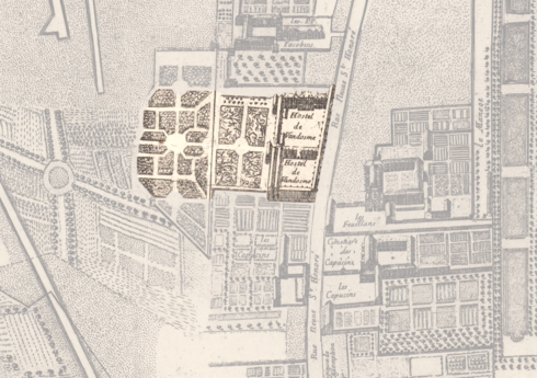 Espace choisi pour la place Louis-le-Grand en 1676, avant sa construction. Il est surtout occupé par l'hôtel de Vendôme, qui donnant informellement son nom à la place, sera par la suite détruit. Plan de Paris de François Blondelet Pierre Bullet(l'architecte de l'hôtel d'Évreux), 1676. Le nord est à gauche.