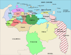 国境紛争地を示すベネズエラ製の地図。ガイアナ領のグアヤナ・エセキバに引いた斜線、領土権を主張する文言が見える。