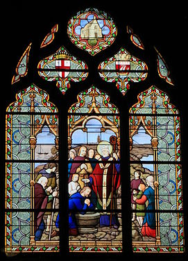 Vitrail de l'église Notre-Dame-de-Pitié représentant la chapelle du Crucifix et les premiers baptisés croisicais.