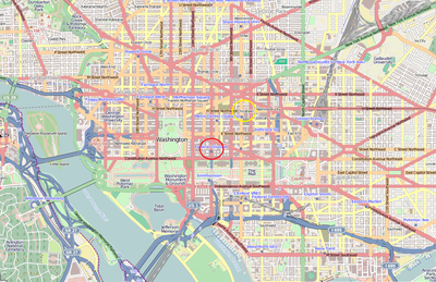 Map of Washington, D.C., with old Chinatown highlighted in red and the current Chinatown in yellow