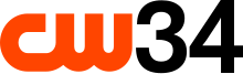 The CW network logo in orange next to a black 34 in a sans serif