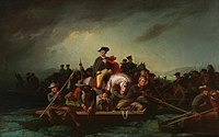 Washington cruzando el Delaware, de George Caleb Bingham, 1856-71 (pintura de historia). La escena había sido tratada anteriormente, en estética romántica, por el germano-estadounidense Emanuel Gottlieb Leutze (Washington cruzando el Delaware, 1851).