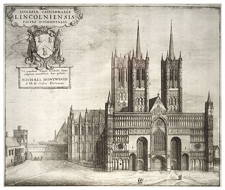 17th century print of Lincoln Cathedral with spires on the west towers