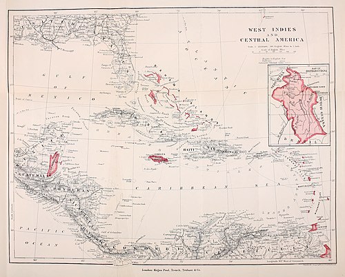 Map of British possessions in the Caribbean in 1900. Also indicated are the mainland colonies of British Honduras and British Guiana. West Indies and Central America.jpg