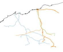 A map of the Pilbara showing the railways coloured by their owner/manager