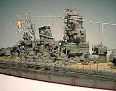 Details of 1/700 scale model of the Japanese battleship Yamato, which is heavily detailed with aftermarket photo-etch detailing parts.