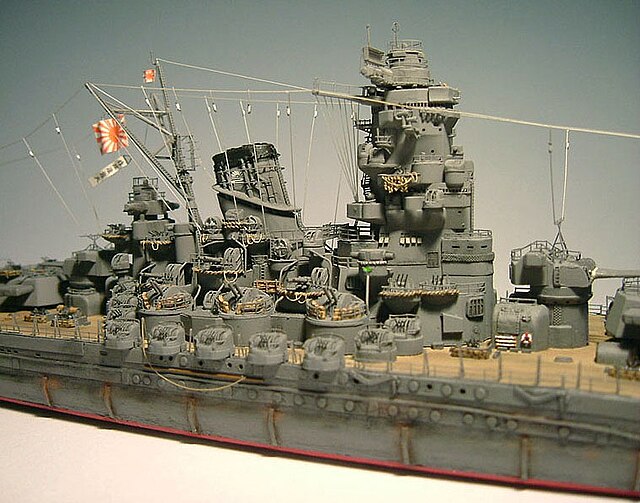 Details of Tamiya 1/700 scale model of the Japanese battleship Yamato, which is heavily detailed with aftermarket photo-etch detailing parts.