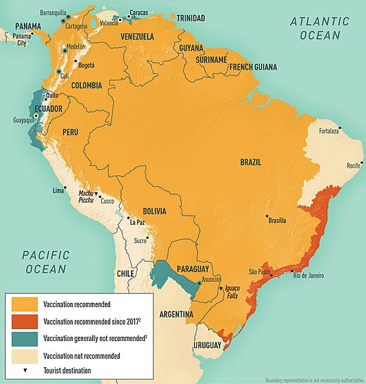 Areas with risk of yellow fever in South America (2018)