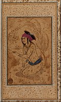 Youth kneeling and holding out a wine-cup, a typical miniature intended for an album by Riza Abbasi