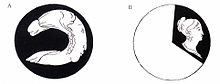 The anamorphic disc image (A) and one of the three perceived images when spun (B) as illustrated in Correspondance Mathematique et Physique - Tome VI (1830) 1829 plateau - anorthoscope.jpg