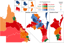 Candidates finishing in second place on a two-candidate-preferred basis (after full distribution of preferences) in each electorate. 1998 Queensland election - Second place finishes.svg