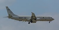 A Boeing P-8 Poseidon, tail number 168761, on final approach at Kadena Air Base in Okinawa, Japan. It is assigned to Patrol Squadron 45 (VP-45) at NAS Jacksonville, Florida, United States.