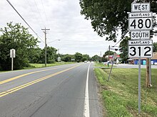 MD 312 and MD 480 in Ridgely 2022-06-23 18 44 33 View south along Maryland State Route 312 and west along Maryland State Route 480 (Sixth Street) at Central Avenue in Ridgely, Caroline County, Maryland.jpg