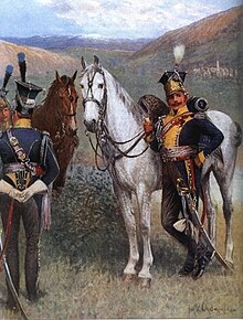 Napoleons polnische Reiter standen still und stiegen ab, einer mit gekreuzten Händen und der andere mit der Pfeife in der Hand auf seinem Pferd.