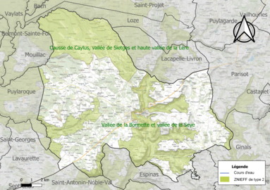 Carte des ZNIEFF de type 2 sur la commune.