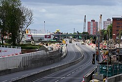 A virtually empty section of the A63 in Kingston upon Hull during a weekend road closure.