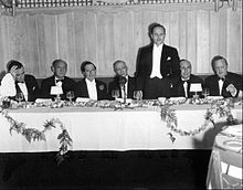 Zukor is honored with a dinner marking his 25 years in the film industry in 1936. From left: Frank Lloyd, Joseph M. Schenck, George Jessel, Zukor, Darryl F. Zanuck, Louis B. Mayer, and Jesse L. Lasky. Adolph Zukor anniversary 1936.JPG