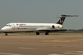 An Air Uganda McDonnell Douglas MD-87 at Entebbe International Airport.