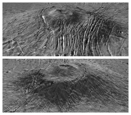 MOLA exaggerated relief view of Alba Mons central edifice and summit dome viewed from south (top) and north (bottom). Vertical exaggeration is 10x.