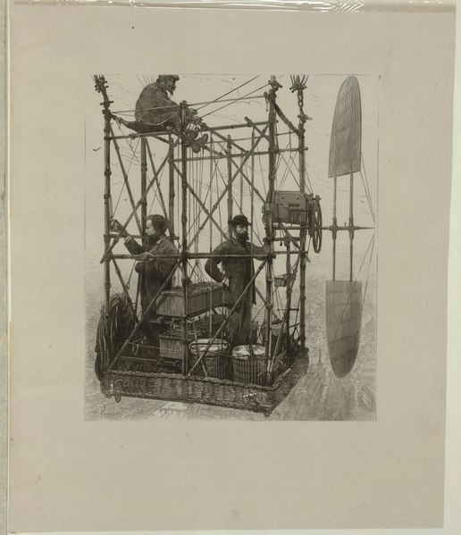File:Albert Tissandier (left), Gaston Tissandier (right), and an unidentified man in the basket of their airship demonstrating an electric navigational system featuring a propeller LCCN2002735662.tif
