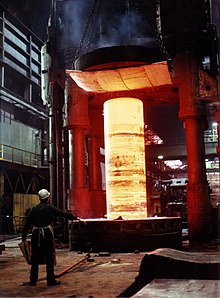 A large 80 ton cylinder of hot steel in an open-die forging press, ready for the upsetting phase of forging Alcator C-Mod superstructure forging 1.jpg