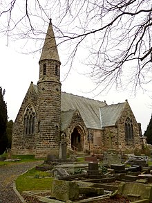 Allerheiligenkirche, Harlow Hill, eine viktorianische gotische Wiederbelebungskirche mit rundem Turm und Turmspitze