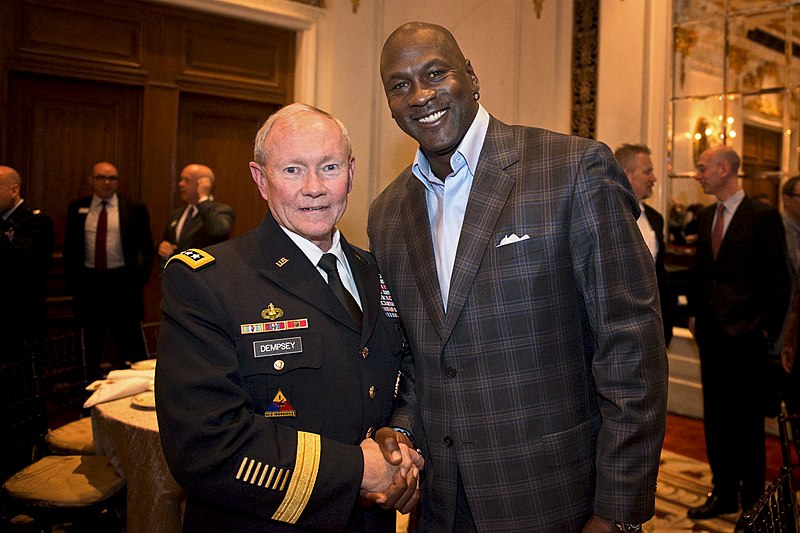 File:Army Gen. Martin E. Dempsey, chairman of the Joint Chiefs of Staff, and Michael Jordan, former basketball star and majority owner of the Charlotte Bobcats, talk at the National Basketball Association's board 140417-D-VO565-002c.jpg