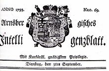 Titelkopf des Arnsberger Intelligenzblattes vom 3. September 1793 mit dem Wappen des Kurfürsten Maximilian Franz von Österreich