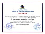 Attestation du Ministère des Affaires Sociales et du Travail en Haiti