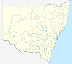 Mapa konturowa Nowej Południowej Walii, blisko prawej krawiędzi nieco u góry znajduje się punkt z opisem „Port Macquarie”