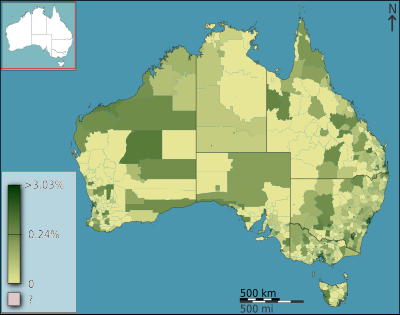 People who are affiliated with Hinduism as a percentage of the total population in Australia divided geographically by statistical local area, as of the 2011 census Australian Census 2011 demographic map - Australia by SLA - BCP field 2775 Hinduism Persons.svg