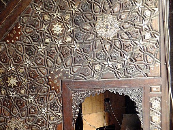 Details of geometric motifs and inlay work on the Mamluk-era Minbar of al-Ghamri (c. 1451) at the Khanqah of Sultan Barsbay, Cairo