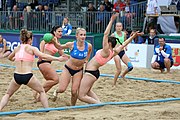 Deutsch: Beachhandball Europameisterschaften 2019 (Beach handball Euro); Tag 5: 6. Juli 2019 – Frauen, Platzierungsspiel für die Ränge 17–20, Nordmazedonien-Slowenien 0:2 (10:13, 9:15) English: Beach handball Euro; Day 5: 6 July 2019 – Placement Match/Cross Match for rank 17–20 Women – North Macedonia-Slovenia 0:2 (10:13, 9:15)