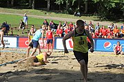 Deutsch: Beachhandball Europameisterschaften 2019 (Beach handball Euro); Tag 1: 2. Juli 2019 – Männer, Vorrunde Gruppe A, Deutschland-Norwegen 2:0 (22:14, 22:20) English: Beach handball Euro; Day 1: 2 July 2019 – Men Preliminary Round Group A – Germany-Norway 2:0 (22:14, 22:20)