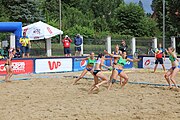 Deutsch: Beachhandball Europameisterschaften 2019 (Beach handball Euro); Tag 1: 2. Juli 2019 – Frauen, Vorrunde Gruppe D, Ukrine-Russland 2:1 (25:20, 14:17; 10:4) English: Beach handball Euro; Day 1: 2 July 2019 – Women Preliminary Round Group D – Ukraine-Russia 2:1 (25:20, 14:17; 10:4)